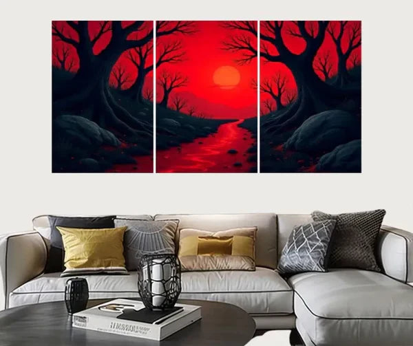 Set of 3 Surreal Red Landscape Wall Art Frames – 8x11" MDF Wood with Adhesive Backing